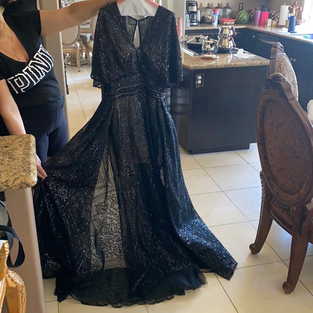 Black Sequin Evening Wedding Prom Gown Dress with Sheer Overlay Lucci Lu
